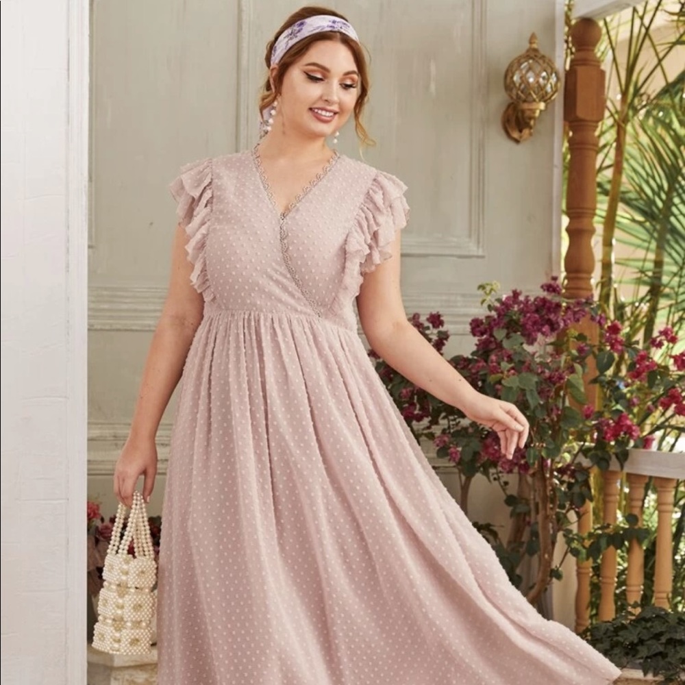 Dusty Pink Neck Ruffle Trim Swiss Dot Dress